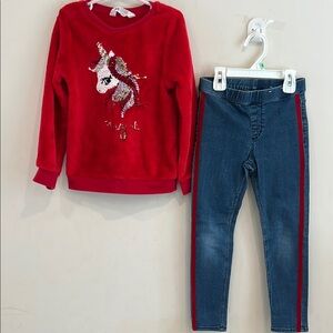 H&M Girls Red Unicorn Sweater and Blue Red Striped Leggings Denim Set Size 4-6